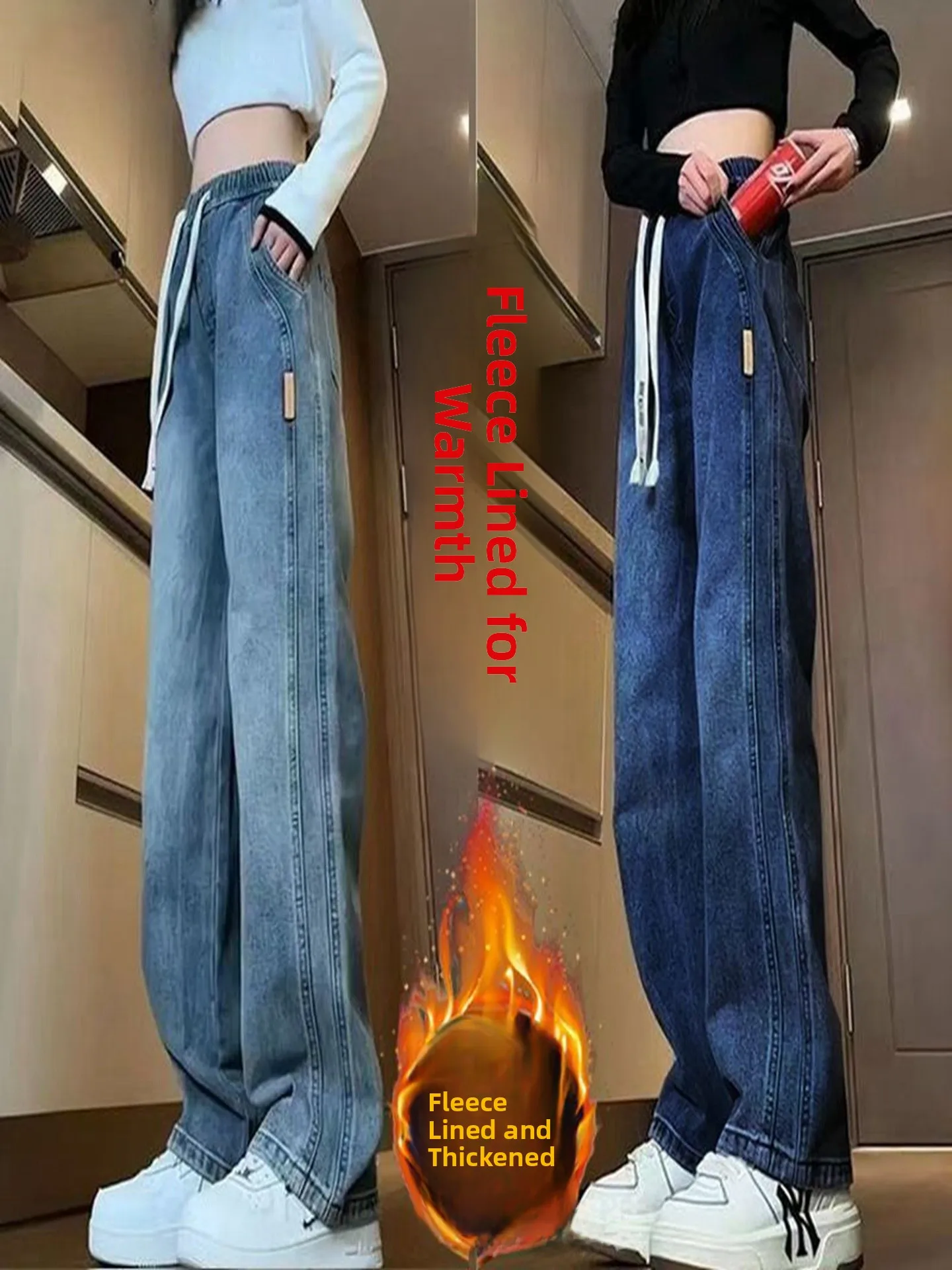 

Elastic Waist Denim Loose Men's Wear Resistant Straight Leg Pants Spring Autumn Winter American Sports Versatile Thiened Fl...