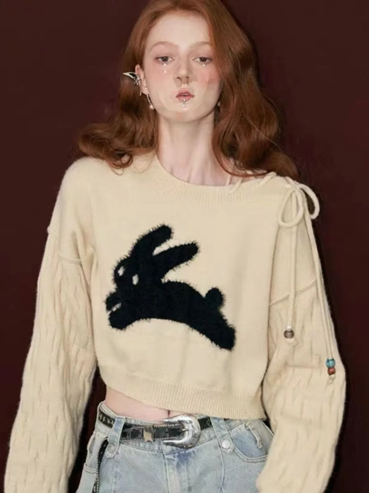 

Ele Rabbit oulder Bared Knitwear Women's Loose Slim ort Sle round Ne Commute Sle Top for Spring Autumn 2024