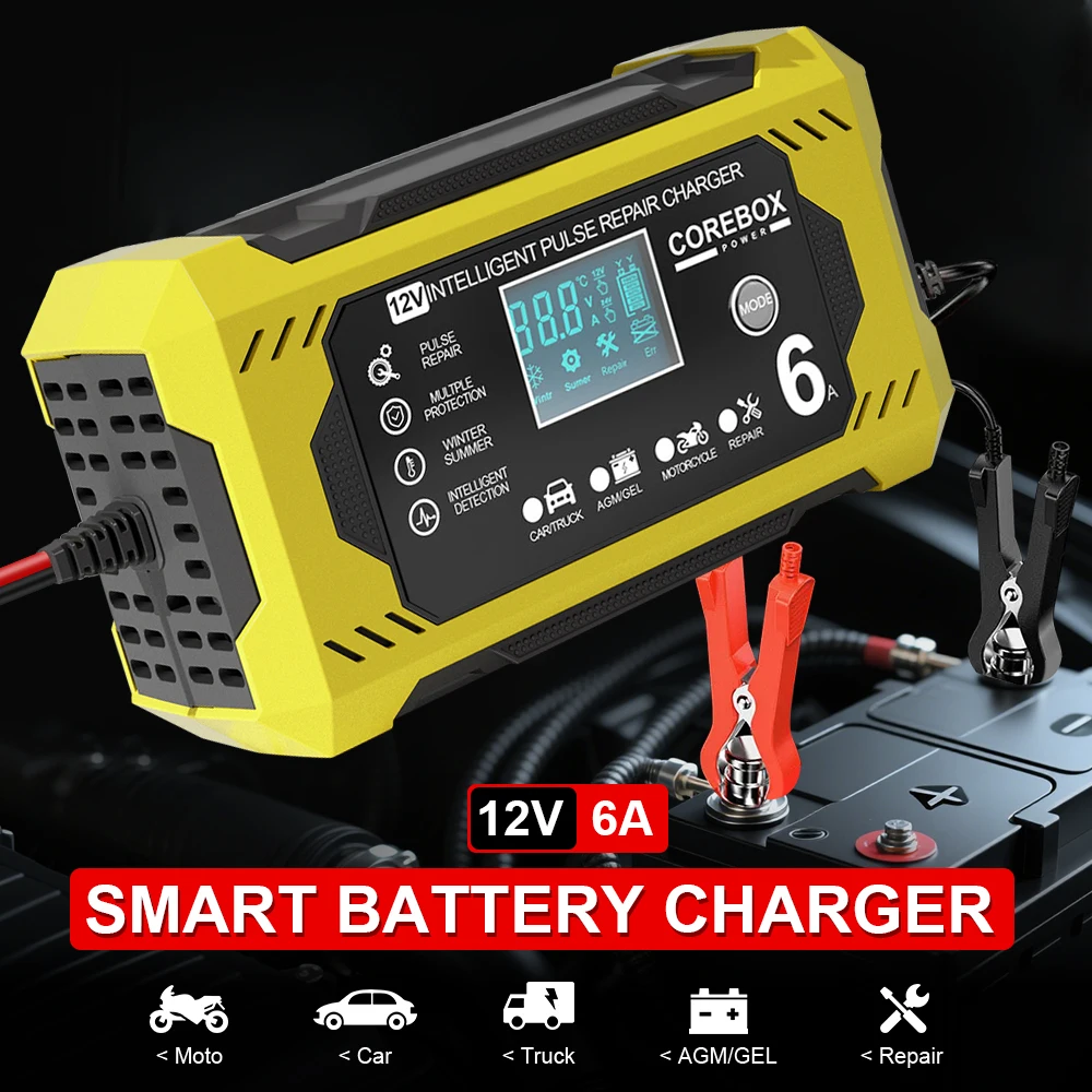 

6A 12V для свинцово-кислотных гелевых аккумуляторов AGM, зарядные устройства для автомобильных аккумуляторов, интеллектуальный импульсный ремонт, зарядное устройство для бытовых аккумуляторов