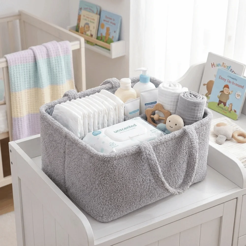 Portable Mommy Diaper Bag Multifunctional Large Capacity Feeding Bottle Organizer Plush Material Durable Storage Basket Home Use
