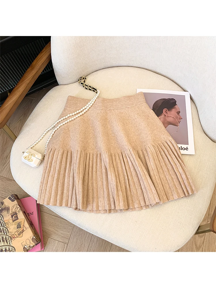 Summer Women Korean Fashion Cute Core Mini Solid Color Knit Pleated Skirt Gyaru 2000s Aesthetic A-line Retro Kpop Vintage Tide