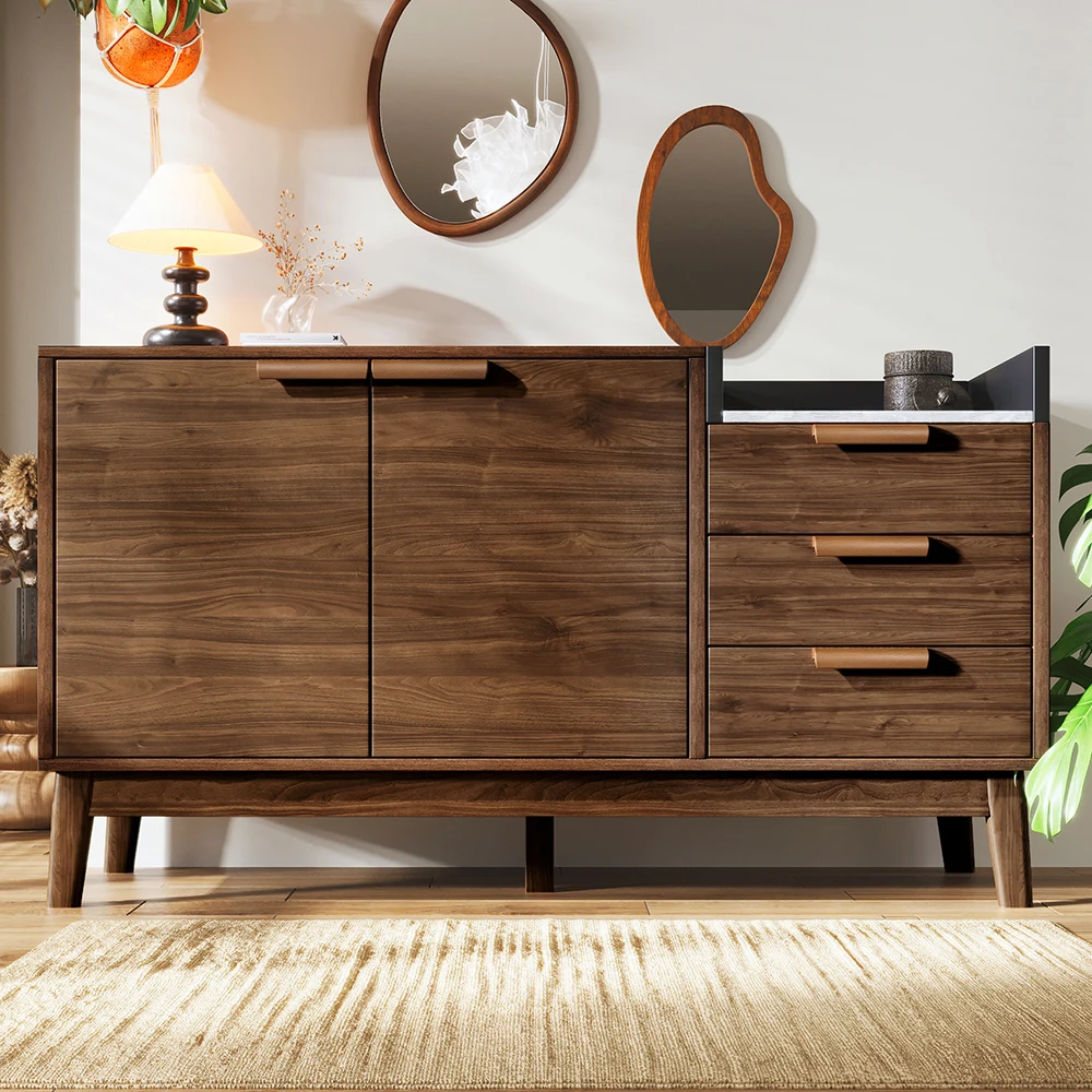 KOMHTOM Wohnzimmer Kommode in Eiche Dekor mit Marmor-Optik Platte - 3 Schubladen & Doppeltürschrank - Massivholzbeine
