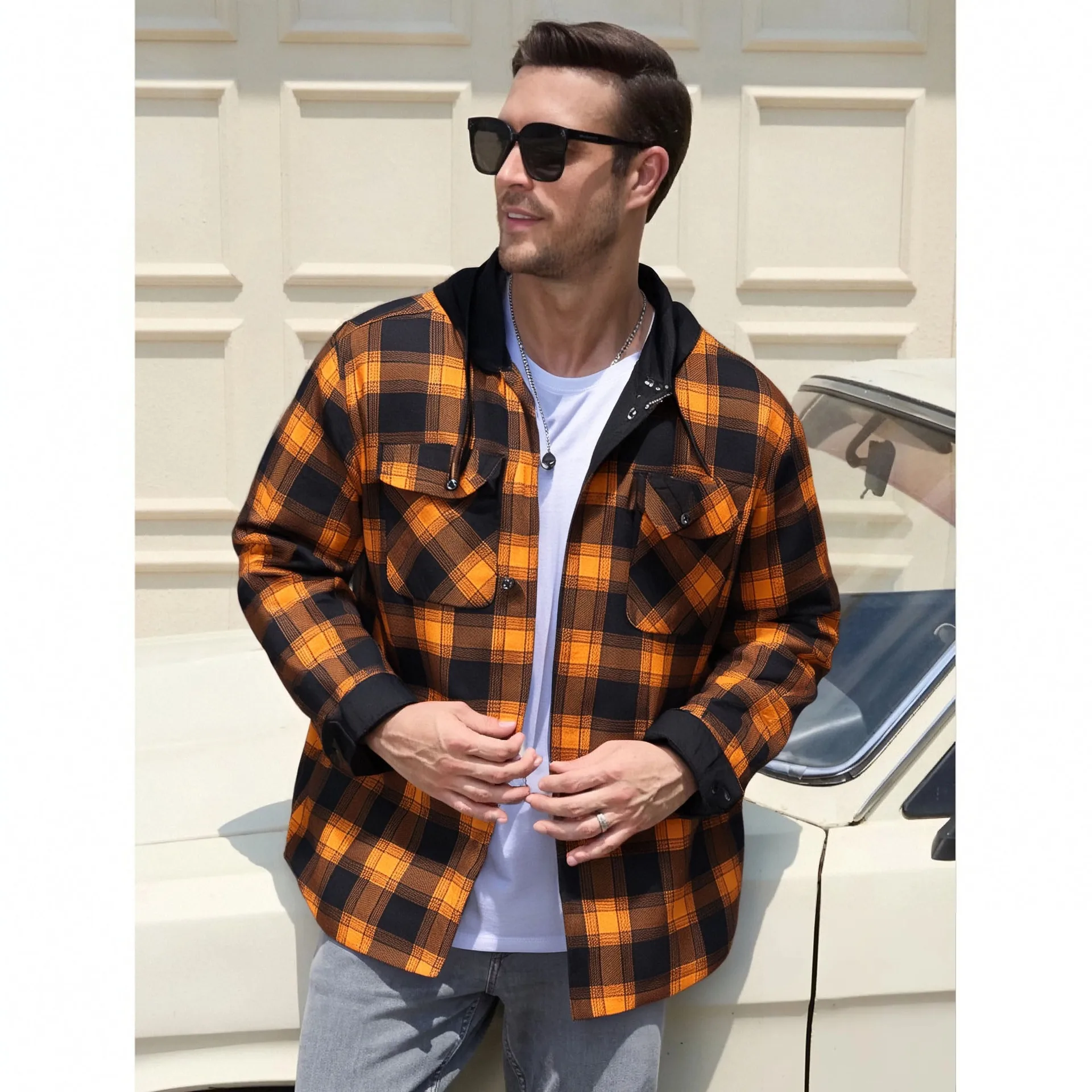 

2025 New Style Men's Casual Hooded Sweatshirt, Large Size Men's Clothing, Warmth for Autumn and Winter, Flannel Check Shirt