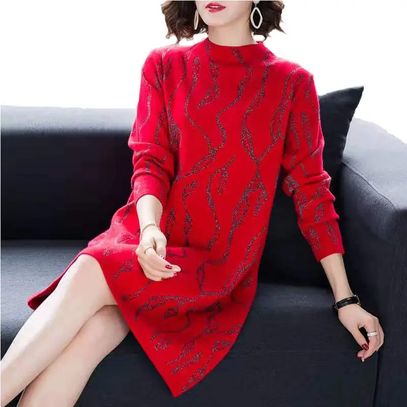 

Fashion Bright Silk Knitted Midi Dress Female Clothing Casual Half High Collar 2023 Autumn Winter Vintage Loose Straight Dresses