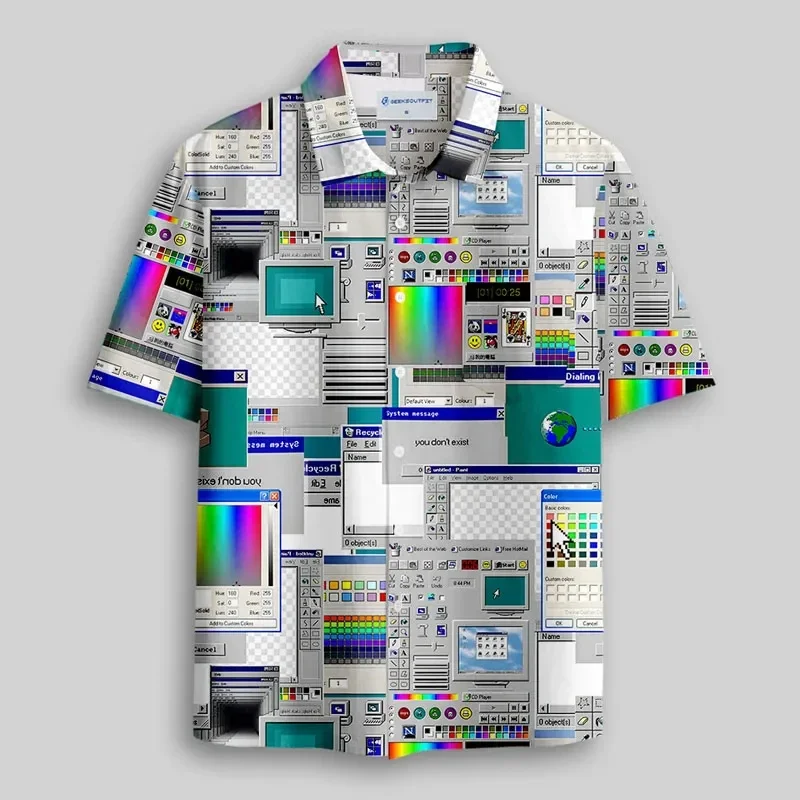Men Polyester 3D Print Pixel Sky Grassland Landscape Pattern Short Sleeve Lapel Button Up Casual Summer Gaming Shirt