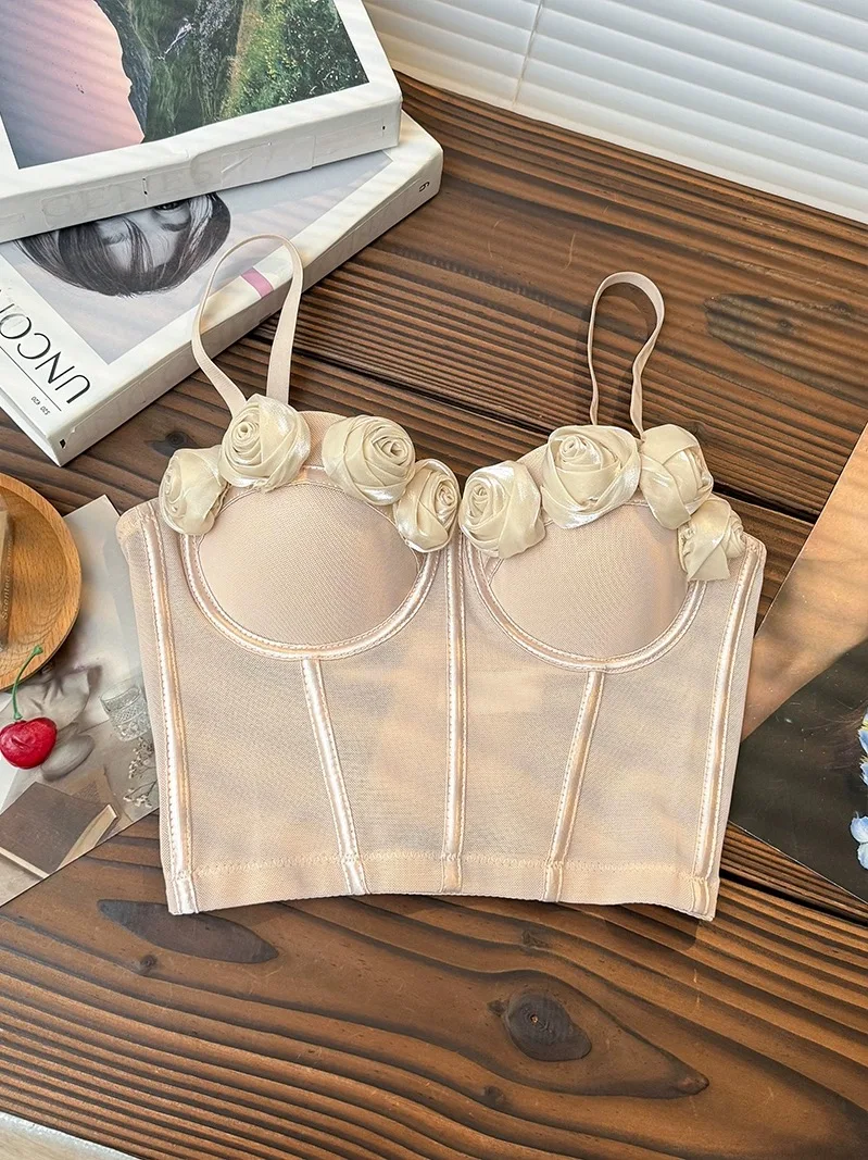 

2024 Sexy bra set three dimensional flower mesh fishbone suspender vest for women short strapless top bralette seamless croptop