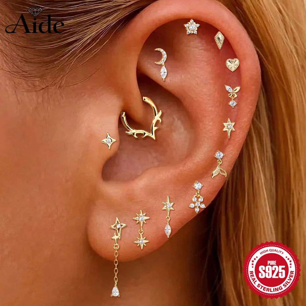 AIDE 925 Sterling Silver Heart/Star/Flower Internal Thread Piercing for Women Flat Back Earrings Fish Tail Pendant  Fine Jewelry