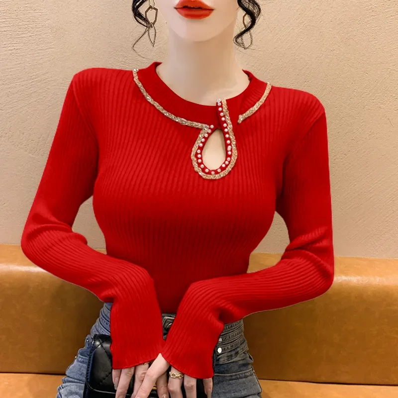 

Женский свитер, зима 2025 г., новинка внутренней части, модные пуловеры с круглым вырезом и длинными рукавами с бриллиантами, женская универсальная футболка с вырезами
