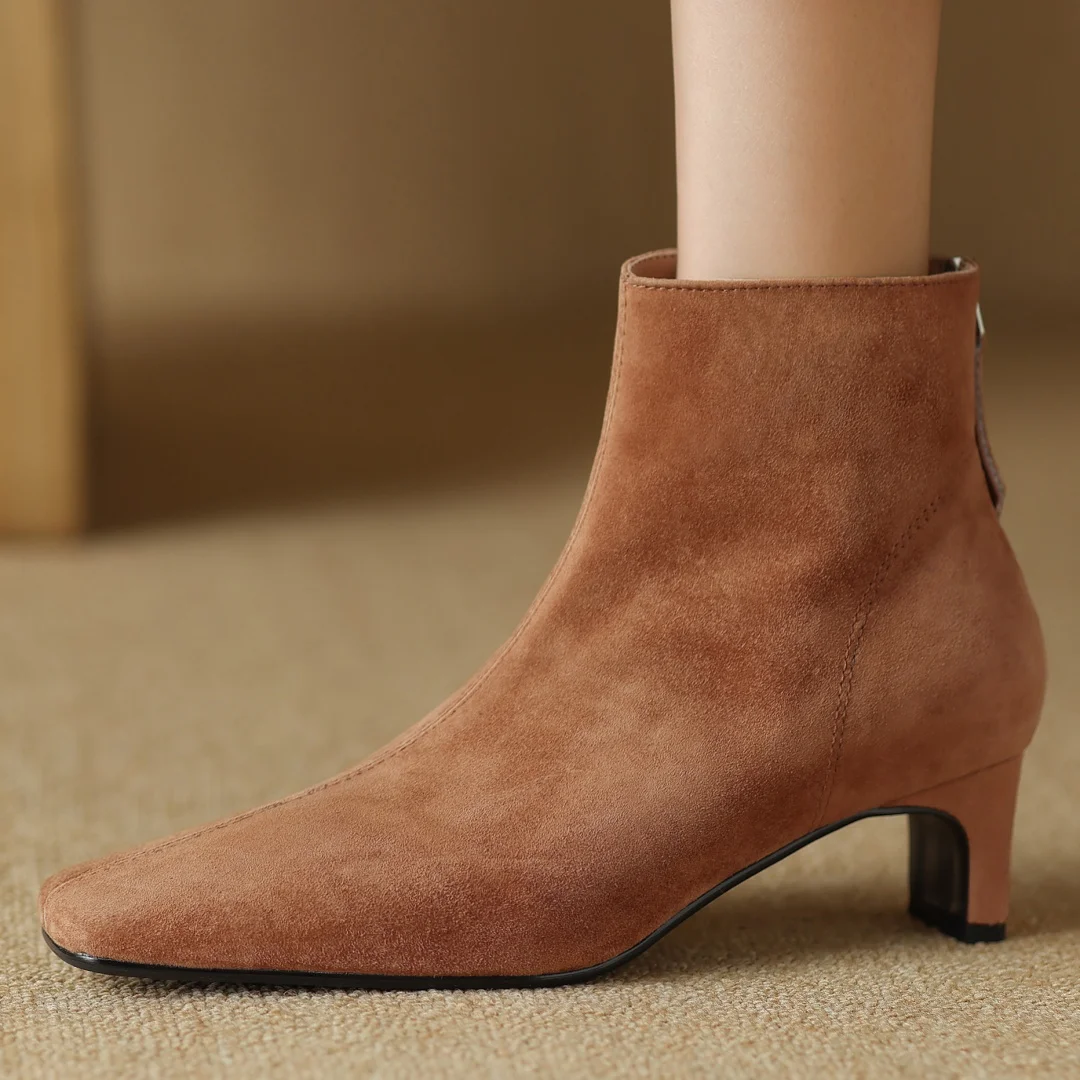 Damska skóra naturalny zamsz 4,5 cm kotek obcas kwadratowy nosek z tyłu zamek jesienne botki eleganckie damskie wąska sukienka krótkie botki — zdjęcie 3