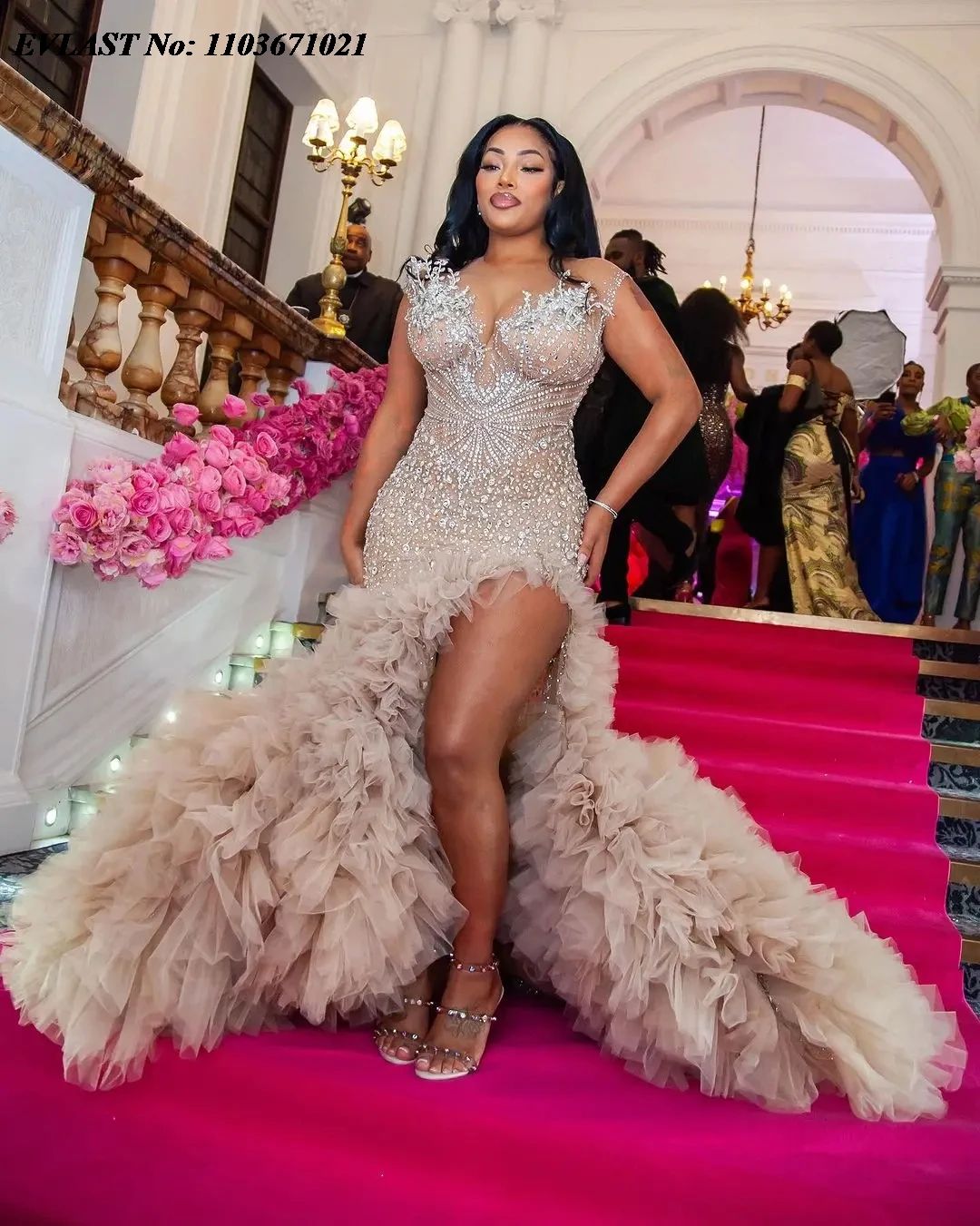 EVLAST Customized Champagne Beaded Prom Dress African Gala Gowns Tiered Puffy Tulle High Slit Aso Ebi Wedding Guest Dress P144