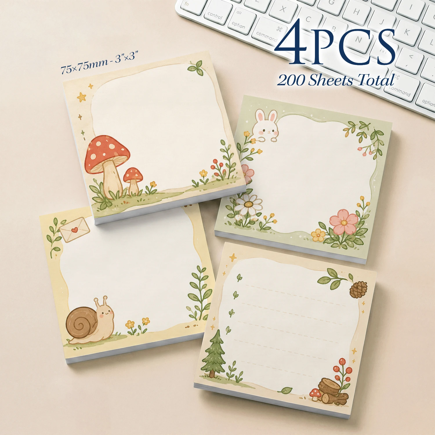 4 Stück, insgesamt 200 Blatt, Haftnotizen mit Wald- und Naturmotiven, 75x75mm (3x3 Zoll), Pilz-, Schnecken-, Hasen- und Garten-Memoblöcke, niedliche selbstklebende Notizblöcke