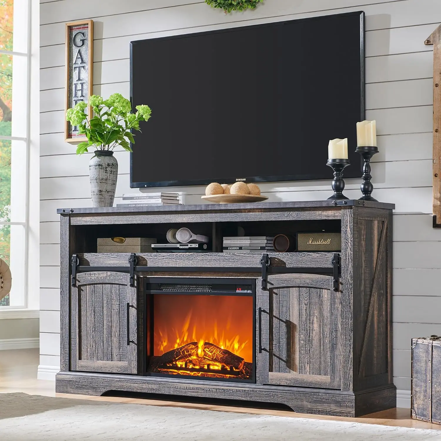 

Farmhouse Fireplace TV Stand for 70+ Inch TV, 33" Tall Highboy Entertainment Center w/Electric Fireplace, Rustic Media Console