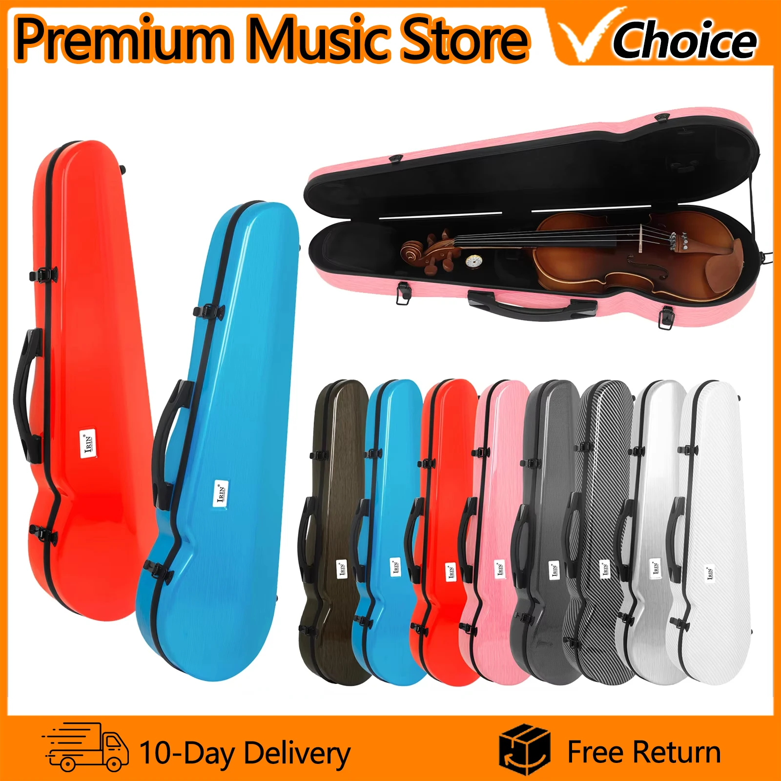 VB-40 Carbon Fiber 4/4 Violin Case Lightweight Violin Hard Shell with Hygrometer Backpack Straps Music Sheet Bag 8 Color Options