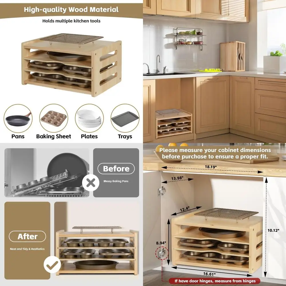 Divisores de bandeja de armário de madeira para assadeiras, panelas, tábuas de corte-organizador vertical de folhas de biscoitos, armazenamento de cozinha para panelas