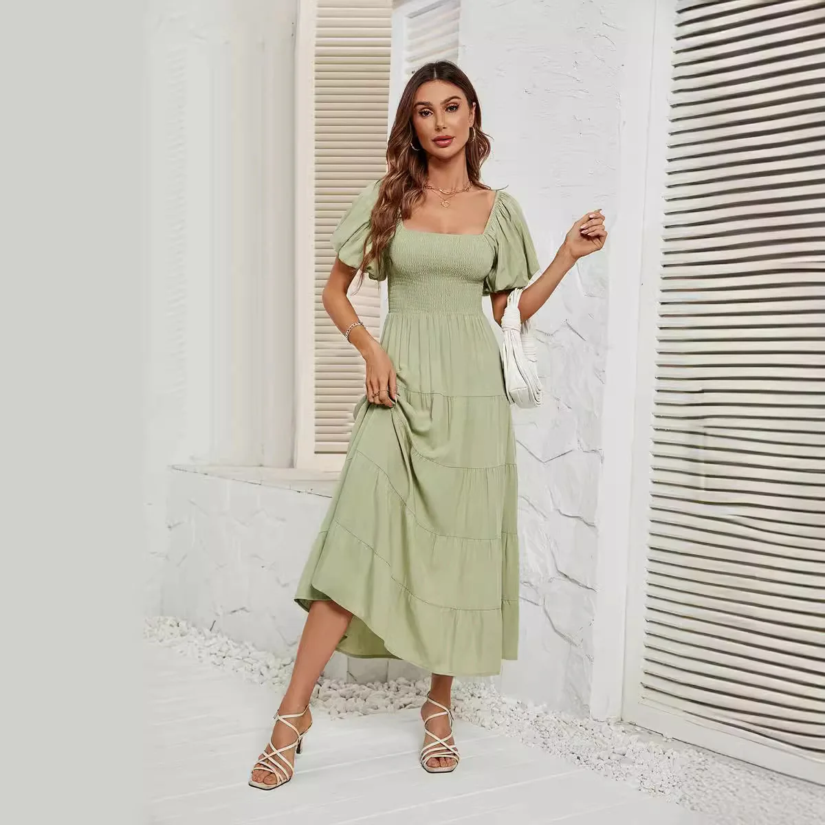 New Summer Square Neck Backless Dress Women Puff Sleeve Elegant Party Dresses