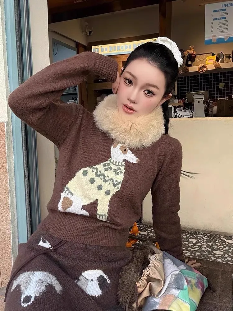 レディース子犬パーティー ニットセータースカートセット 秋冬暖かい犬クロップトップ＆ミディAラインスカート スリムで居心地の良い2ピースアウトフィット