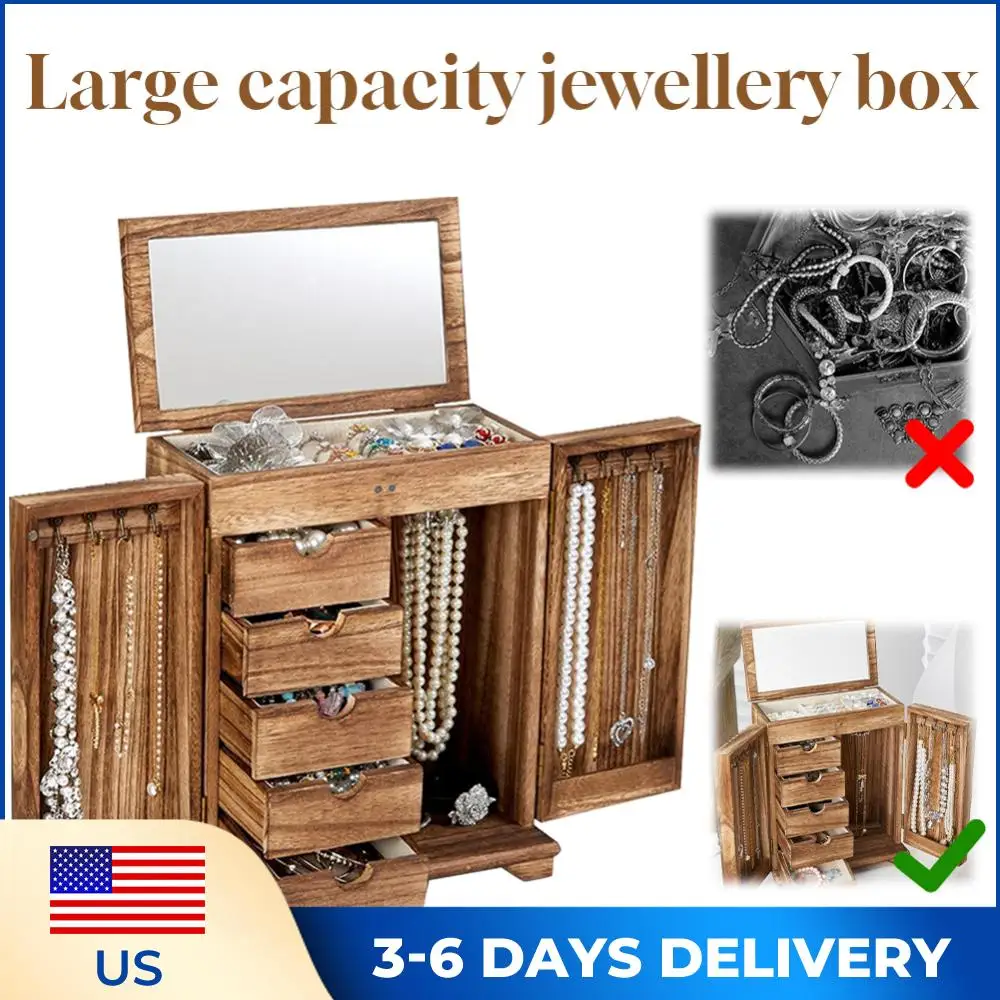

Деревянная шкатулка для украшений, большая коробка-органайзер для ювелирных изделий, 5-слойный держатель для украшений, винтажный стиль, коробка для демонстрации колец и браслетов