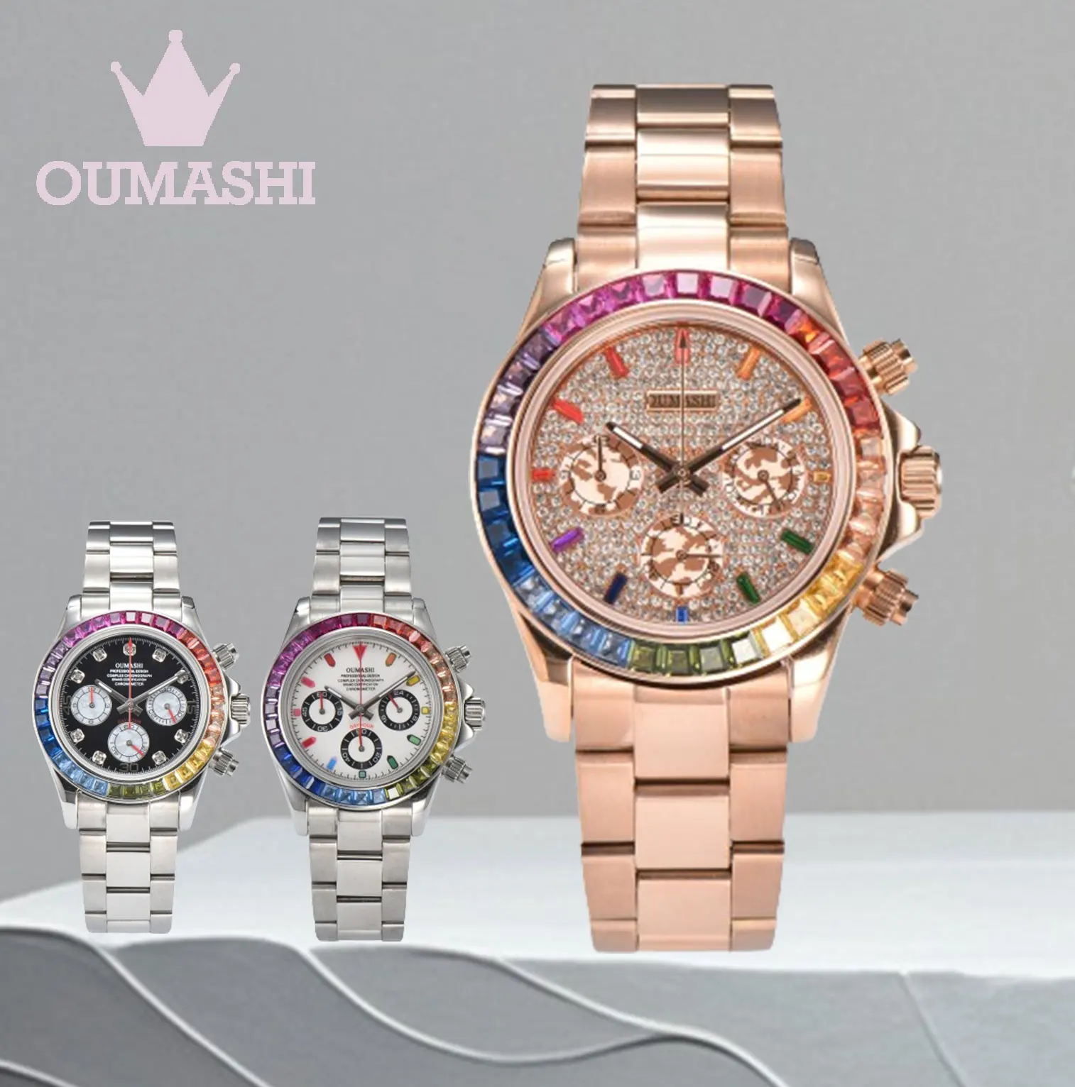 OUMASHI-DTN series luxury men's watch, stainless steel case sapphire glass, VK63 movement, color diamond case,