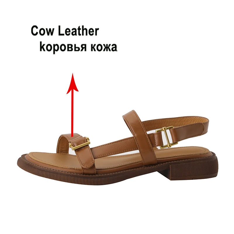 Meotina Women Genuine Leather Sandals Round Toe Flats Concise Brand Design Ladies Fashion Casual Shoes Summer Beige Khaki 40