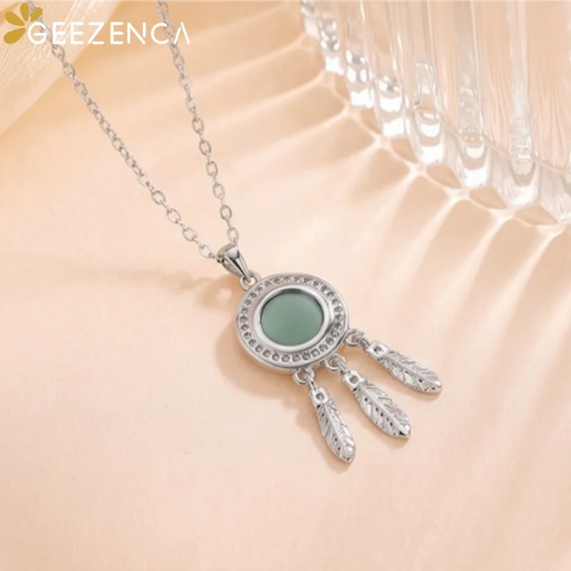 GEEZENCA Blue Jadeite Real 925 Silver Dreamcatcher Feather Charm Pendant Necklace Dainty Trendy Necklaces For Women Party Gift