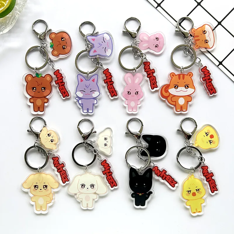 

8Pcs/Set KPOP ATEEZ ANITEEZ Cute Cartoon Acrylic Keychains Jongho San Hongjoong Two Sides Printed Keyring Bag Pendant Fans Gifts