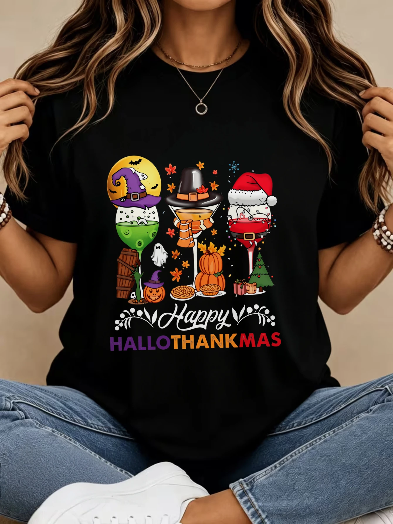 Women's fashionable new round-neck T-shirt, versatile women's clothing, basic casual top for summer and autumn, with fun Halloween, Thanksgiving, and Christmas holiday prints, suitable for festive occasions, local delivery available