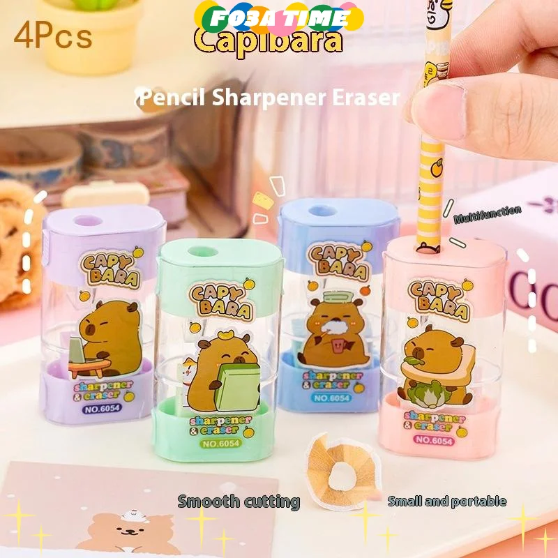 

4Pcs Creative Cartoon Capybara 2In1 Manual Pencil Sharpener Eraser Cute Children's Stationery Gift Student School Supplies