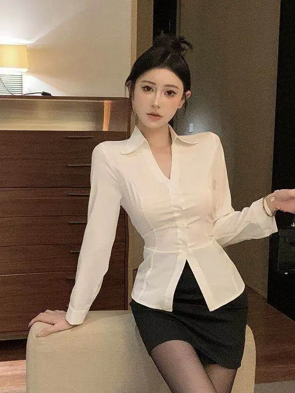 Sexy V-Neck Long Sleeve White Shirt Slimming Secretary OL Uniform Set Professional Workwear Autumn Winter Design High Waist P... view 4