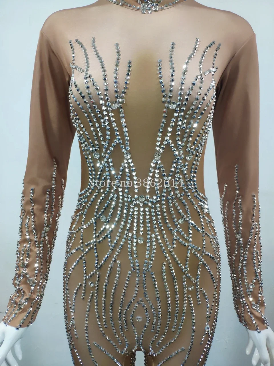 Mono desnudo de diamantes de imitación plateados brillantes para mujer, Body de actuación Sexy, mamelucos femeninos, ropa de escenario, Ropa de baile, trajes de club nocturno