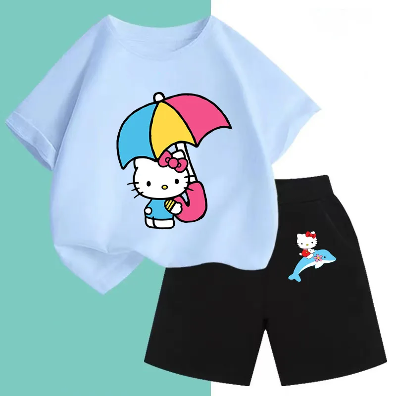 Kawaii Hello Kitty Tshirt SetGirls Fashion Boys Sonic Clothes Anime Cartoon Kids Pokemon T-Shirt Sets Casual Stitch Tops