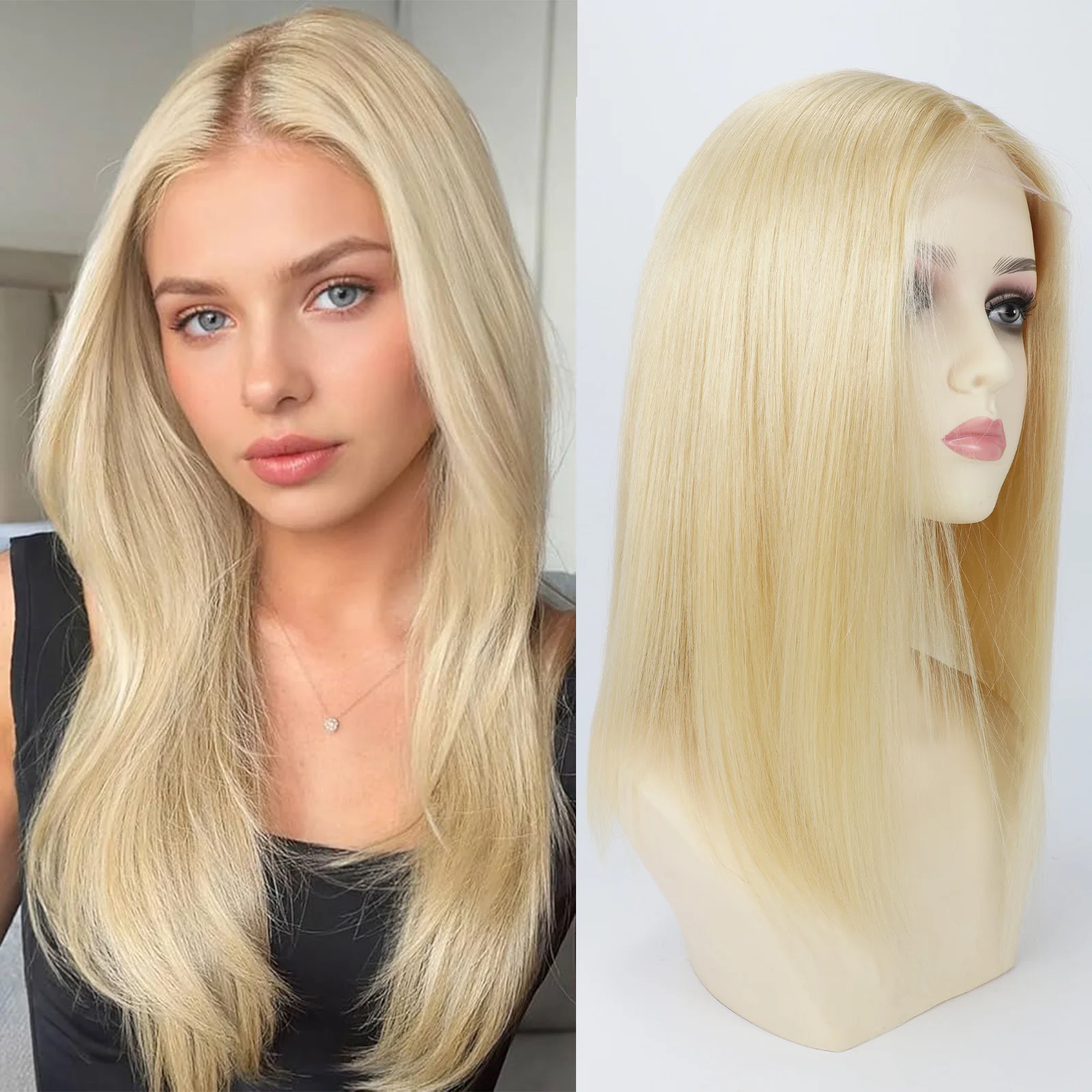 

Улучшенный парик с шелковой основой и кружевной передней частью, 100% натуральные прямые волосы, многослойный, с шелковым верхом, комфортный, легкий # Светлый блонд 613, готовый к носке, для женщин