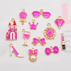 Julie Wang 24PCS Enamel Rose Red Charms Mix Alloy High Heel Bowknot Crown Clock Lipstick Castle Pendant Jewelry Making Accessory