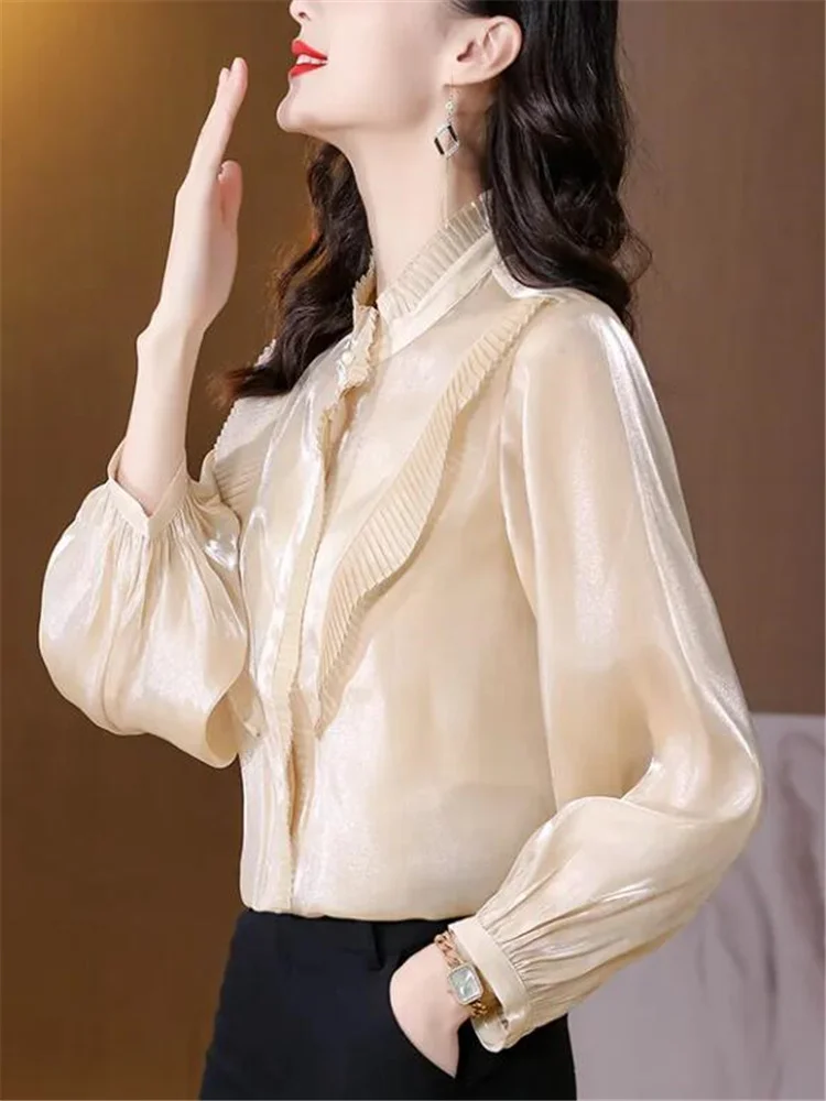 Retro Long-sleeved Shirts Women's Blouses Palace Style Pleated Lace Top Temperament Women Clothes Button Up OL Female Shirt