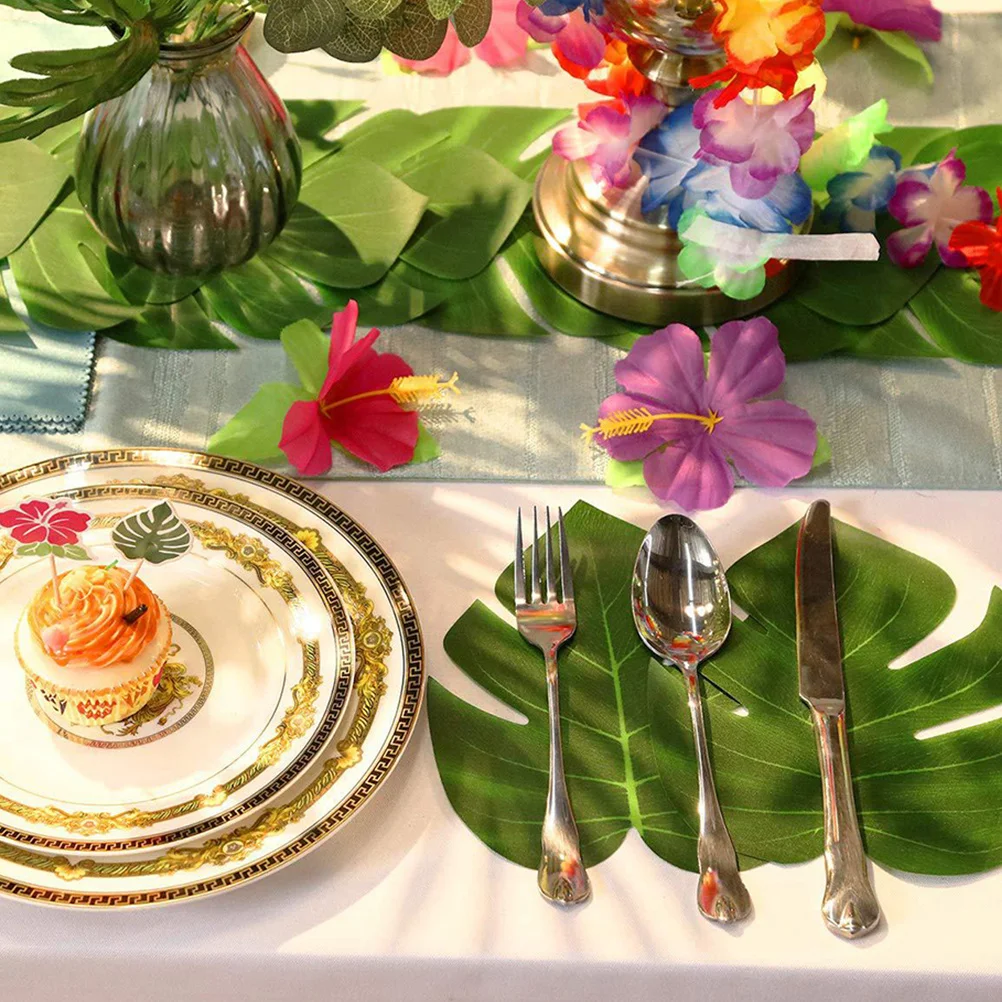 

1Set Simulation Hibiscus Flowers Tropical Faux Leaves Green Monstera Leaves Natural Look Home Decor Party Photography Prop