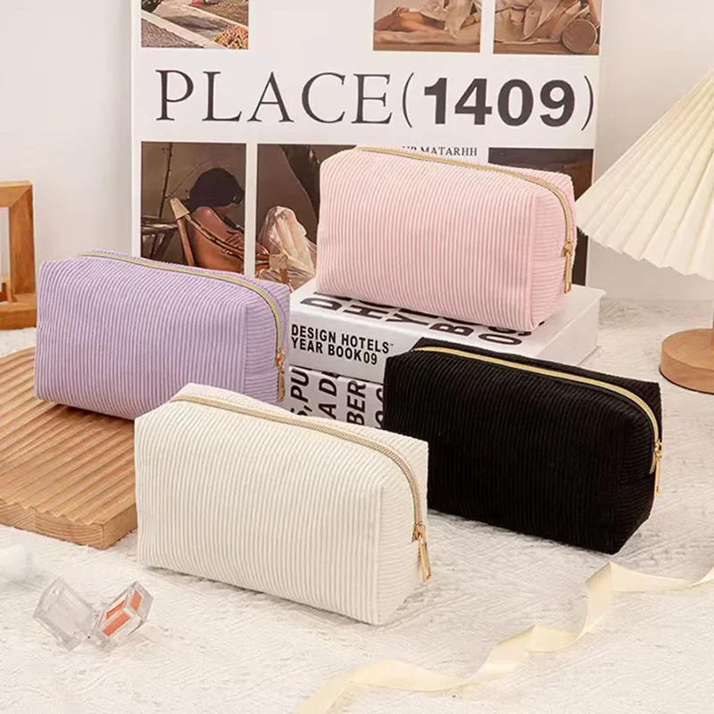 Cute Corduroy Cosmetic Bag for Girls Spacious Makeup Pouch Durable Stationery Organizer Pencil Case School Office Supplies