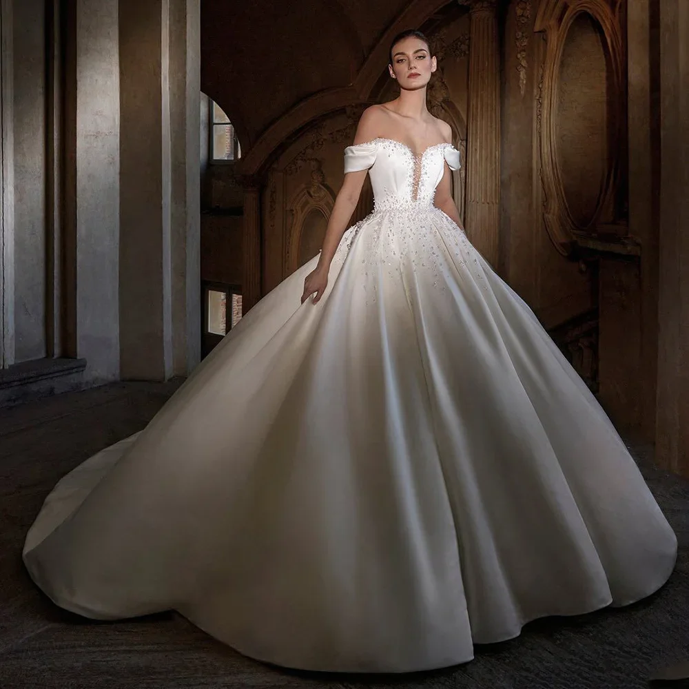 

Flavinke Customized Elegant Ball Gown Wedding Dresses Off The Shoulder Deep V Neck Pearls Court Train Satin Arabian Bridal Gown