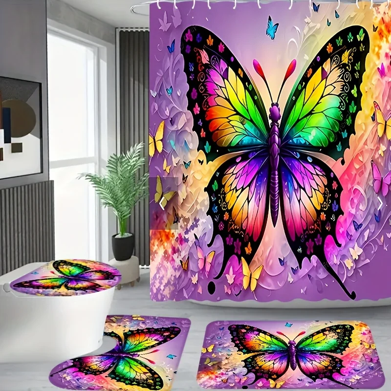 

4 шт., художественный узор «Радужная бабочка», ванная комната в квартире, занавеска для душа в душевой комнате, комплект занавесок для душа в отеле, с 12 крючками