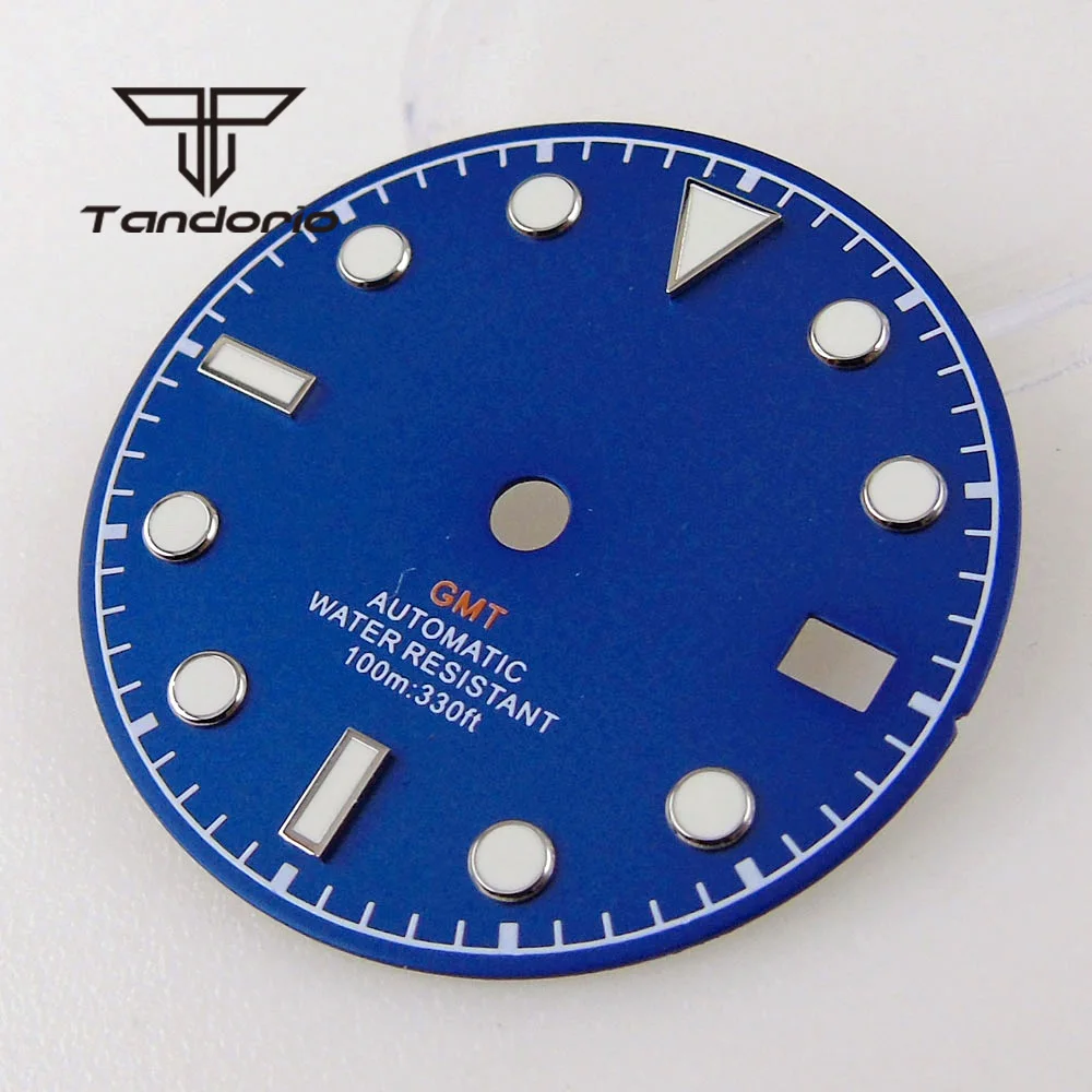 หน้าปัดนาฬิกา GMT ขนาด 29 มม. + เข็มนาฬิกาแบบ Snowflake พร้อมช่องแสดงวันที่ ใช้ได้กับกลไกอัตโนมัติ NH34 สีดำ/น้ำเงิน/ขาว อะไหล่และอุปกรณ์เสริม