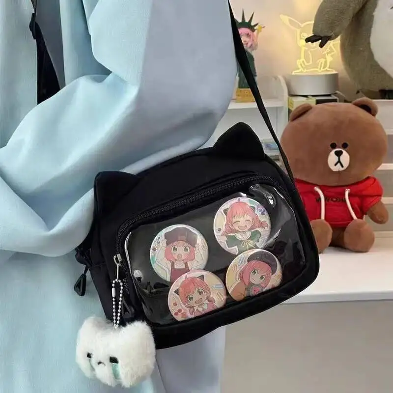 Y2K Cute Cat Ears Ita Shoulder Bag Two-dimensional Girls Transparent Mini Crossbody Bag Student DIY Display Anime Messenger Bags