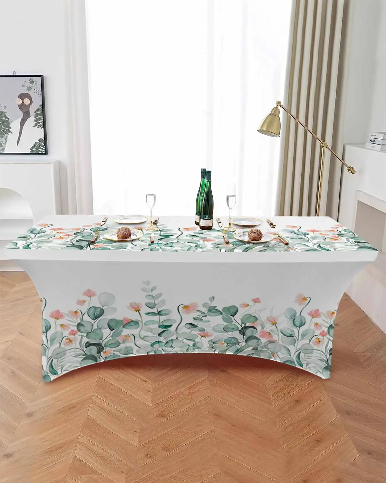 Idyllic Flower Eucalyptus Leaves Elastic Table Skirt Wedding Birthday Table Decoration Table Skirt Tablecloth for Party