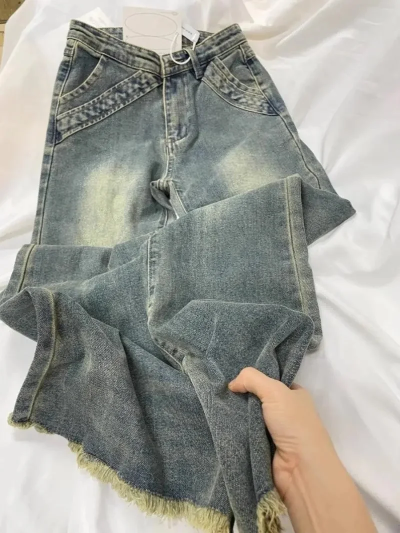 

Мешковатые джинсы для девочек, женские виды, сращенный дизайн, контрастные вставки, уникальная мода, джинсовые винтажные ретро Y2K Street Harajuku