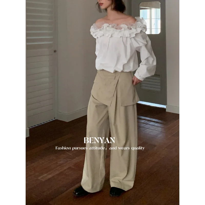 Women White French One-shoulder Ruffled Blouses Fashion Sweet Long-sleeved Wedding Romantic Loose Sweet Female Tops Shirts