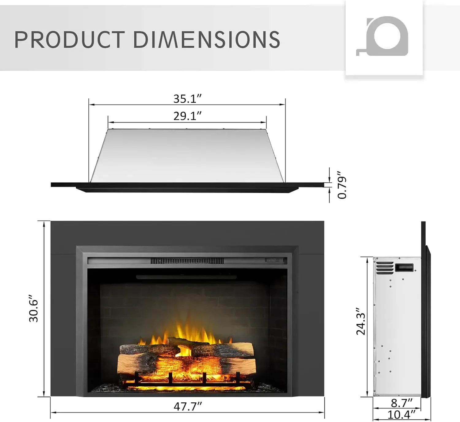 Carl 39 Inches with Trim Kit, Electric Fireplace Insert, Fireplace Heater 750/1500W, Fire Crackling Sound, Adjustable