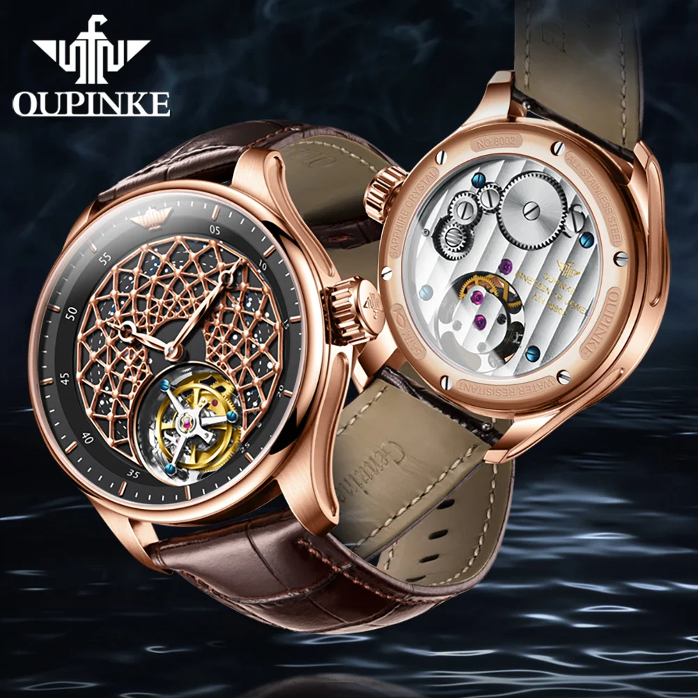 OUPINKE 8002 High-end Tourbillon Skeleton Automatic Watches for Men Top Luxury Brand Geunine Leather Strap Mechanical Man Watch