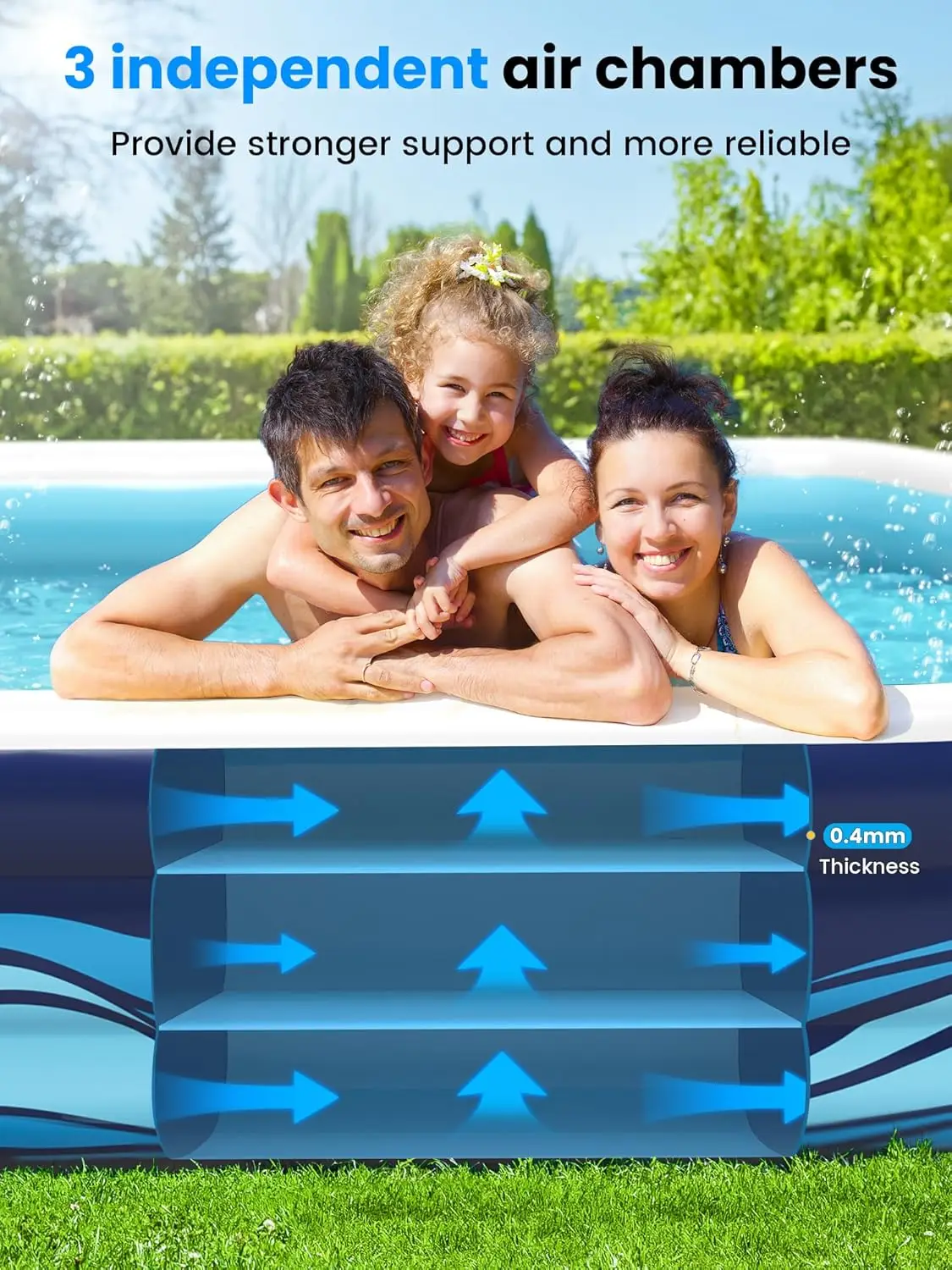 Inflatable Pool with Seats and Backrests, XLarge Thickened Full-Sized Family Fun Swimming Pool for Kids and Adults, Outdoor, Gar