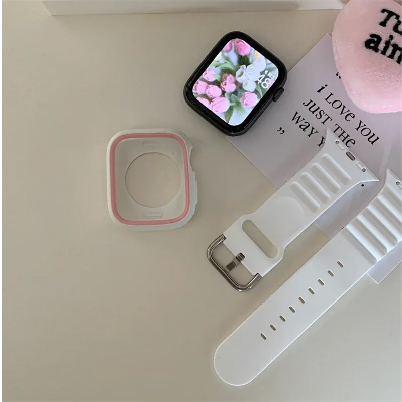 Cute pink white case strap for Apple Watch 41mm 49mm 45 38 40mm 42 44 wave soft silicone band for iWatch Series 9 8 7 SE 6 5 4