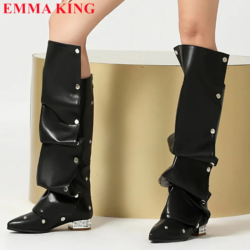 

Womens Fashion Button Patchwork Pleated Boots Women Designer Pointed Toe Knee High Boots Female Chunky Heel Shoes Plus Size 48