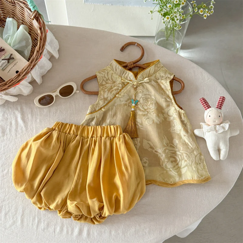 

Floating Gold！Baby Girl New Chinese Style Hollow Jacquard Vest Hanfu Two-Piece Set Summer New Trend