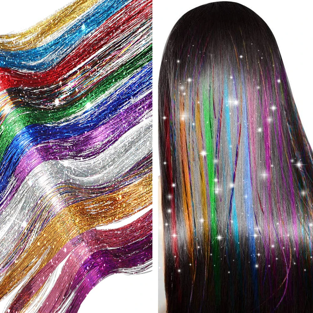 Oropel de pelo brillante de 93/120cm, hebras de colores arcoíris, tocados para niñas, horquilla láser, extensiones de cabello falso, decoración con purpurina