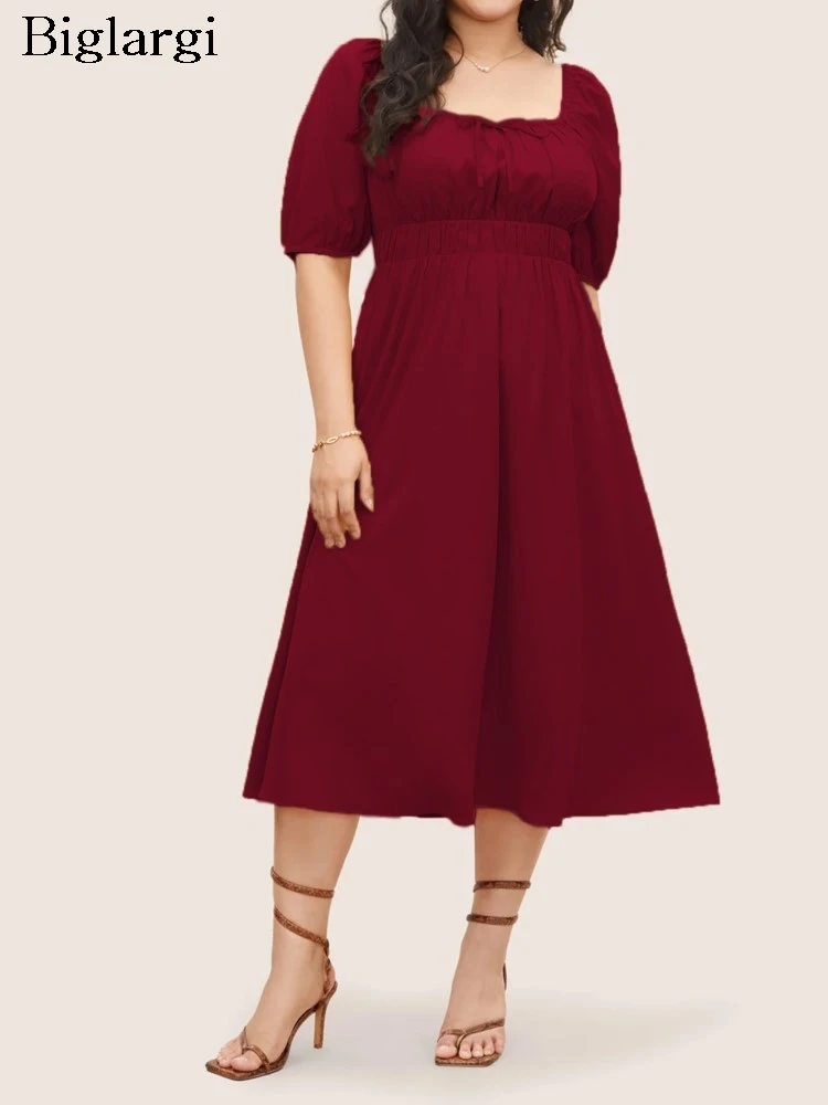 

Plus Size Summer New Square Collar Dress Women Midi Fashion Puff Short Sleeve Ladies Dresses Loose Ruffle Pleated Woman Dress